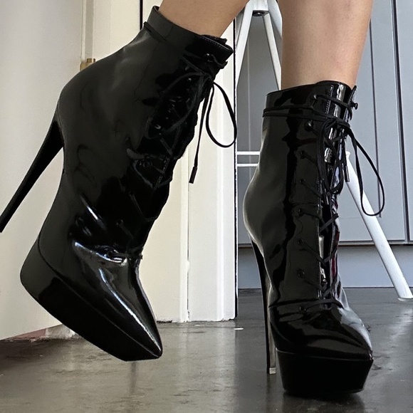 Saint Laurent Black Stiletto Lace Up  Ankle Boots - Picture 1 of 9